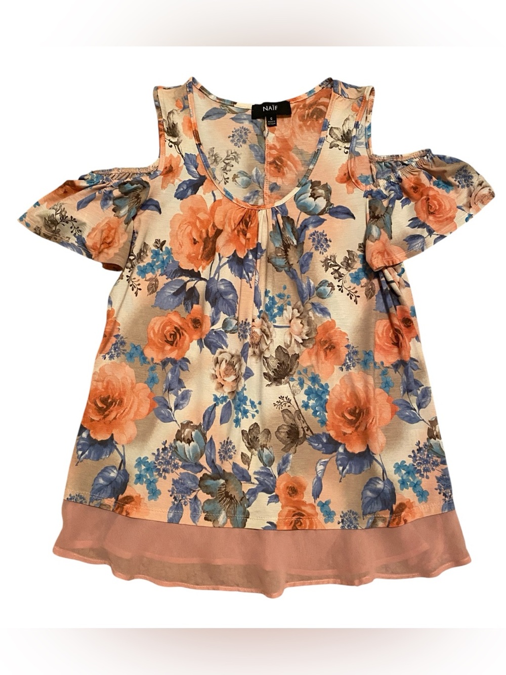 NAIF Peach and Blue Floral Cold-Shoulder Blouse, Size Small - Picture 2 of 8